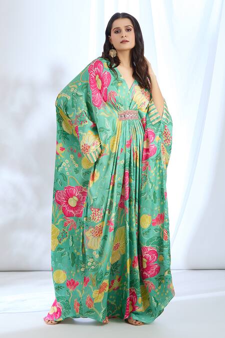 Buy_Gopi Vaid_Green Satin Lace, Mirrors V-neck Floral Bouquet Pattern Kaftan_Online_at_Aza_Fashions