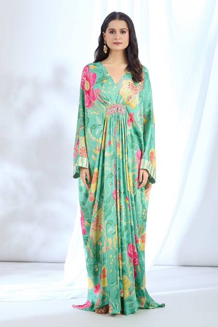 Gopi Vaid_Green Satin Lace, Mirrors V-neck Floral Bouquet Pattern Kaftan_at_Aza_Fashions