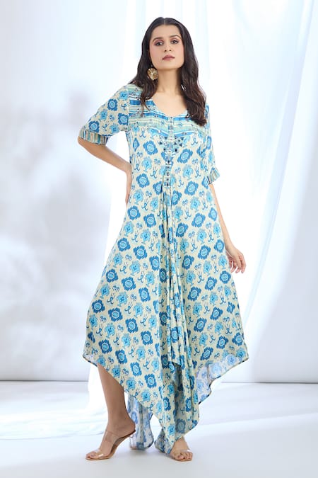 Gopi Vaid Ikat Combination Print Asymmetric Dress 