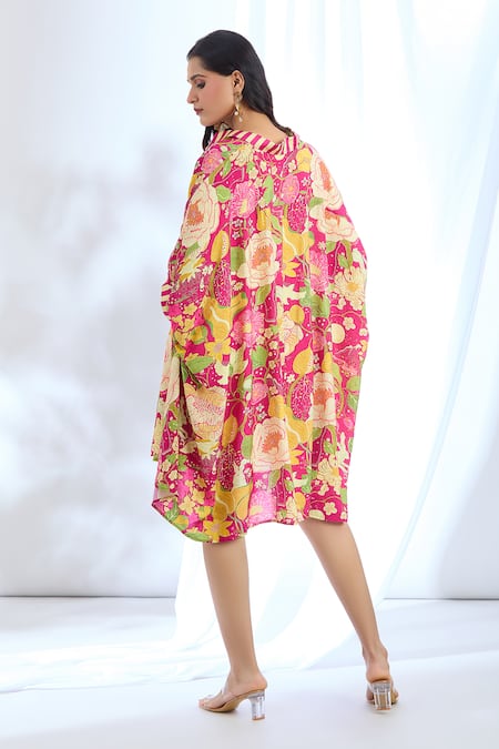 Gopi Vaid Floral Printed High-Low Kaftan Dress 