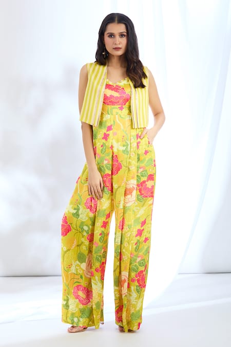 Gopi Vaid Yellow Satin Printed Floral Jacket Open Stripe Short And Jumpsuit Set 