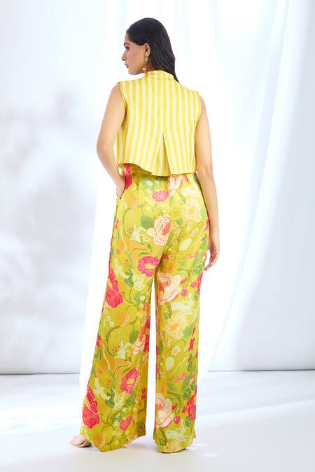 Shop_Gopi Vaid_Yellow Satin Lace, Embroidery Open Stripe Print Short Jacket And Jumpsuit Set_at_Aza_Fashions
