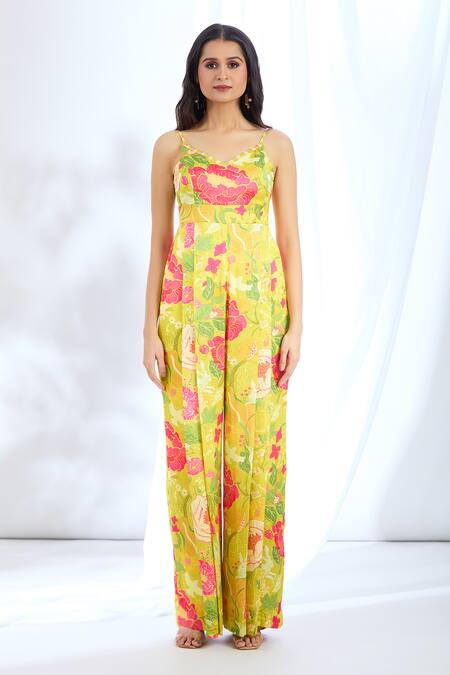 Gopi Vaid_Yellow Satin Lace, Embroidery Open Stripe Print Short Jacket And Jumpsuit Set_Online_at_Aza_Fashions