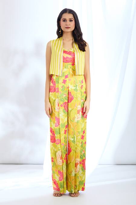 Buy_Gopi Vaid_Yellow Satin Lace, Embroidery Open Stripe Print Short Jacket And Jumpsuit Set_Online_at_Aza_Fashions