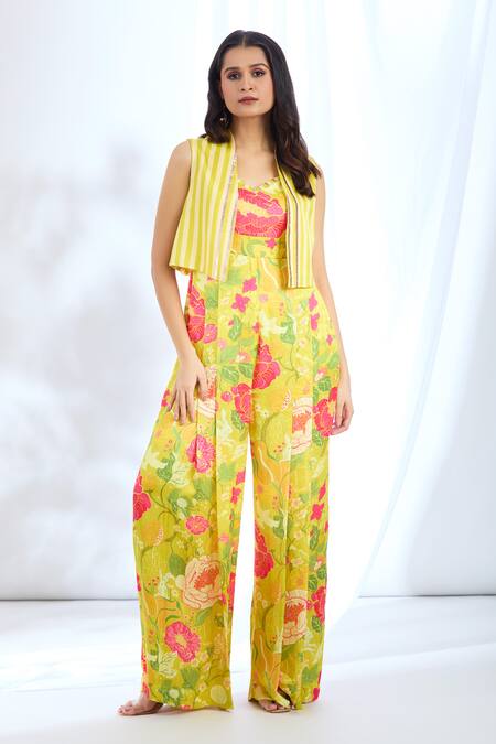 Shop_Gopi Vaid_Yellow Satin Lace, Embroidery Open Stripe Print Short Jacket And Jumpsuit Set_Online_at_Aza_Fashions