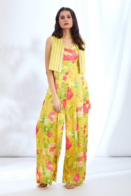 Gopi Vaid_Yellow Satin Lace, Embroidery Open Stripe Print Short Jacket And Jumpsuit Set_at_Aza_Fashions