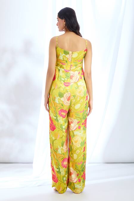 Shop_Gopi Vaid_Yellow Satin Lace, Embroidery Open Stripe Print Short Jacket And Jumpsuit Set