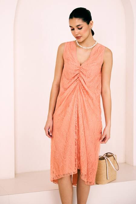 Lavanya Ahuja Peach Georgette Lace Asymmetric Sunset Gathered Dress Online at Aza Fashions Lavanya Ahuja_Peach Georgette Lace Asymmetric Sunset Gathered Dress _Online_at_Aza_Fashions