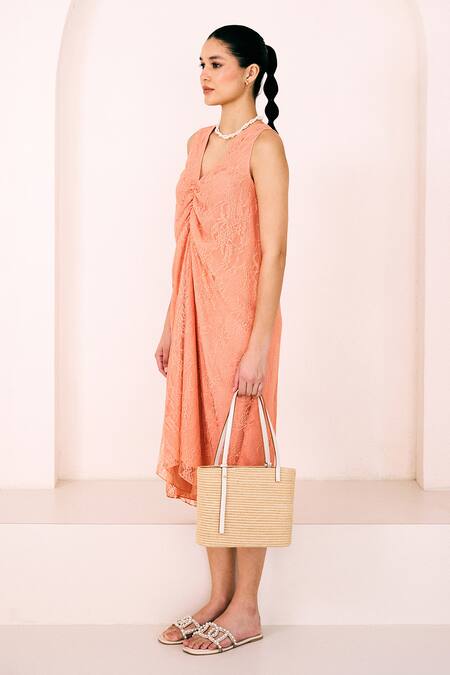 Shop Lavanya Ahuja Peach Georgette Lace Asymmetric Sunset Gathered Dress Online at Aza Fashions Shop_Lavanya Ahuja_Peach Georgette Lace Asymmetric Sunset Gathered Dress _Online_at_Aza_Fashions