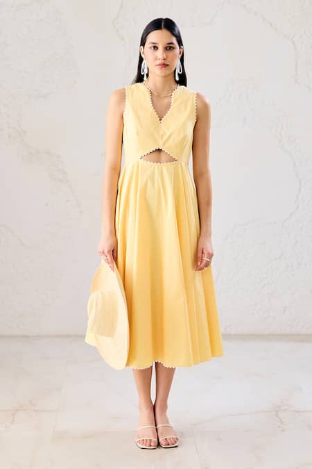 Lavanya Ahuja_Yellow Organza, Georgette Buttercup Cut Out Dress _Online_at_Aza_Fashions