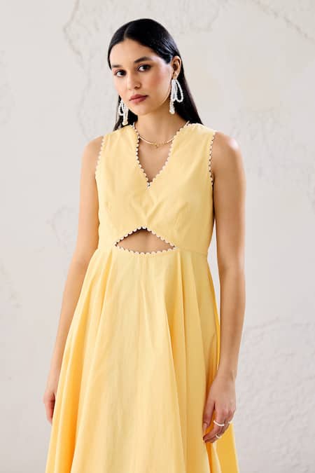Shop_Lavanya Ahuja_Yellow Organza, Georgette Buttercup Cut Out Dress _Online_at_Aza_Fashions