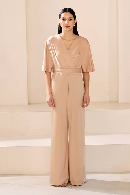 Buy_Lavanya Ahuja_Beige Georgette V-neck Sandy Shores Pleated Jumspuit _Online_at_Aza_Fashions