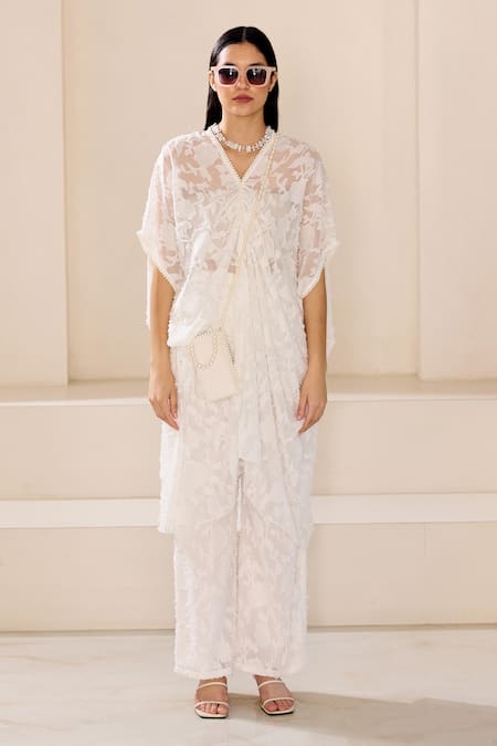 Lavanya Ahuja White Satin Embroidery Pearl V-neck Sheer Jacquard Kaftan With Pant 