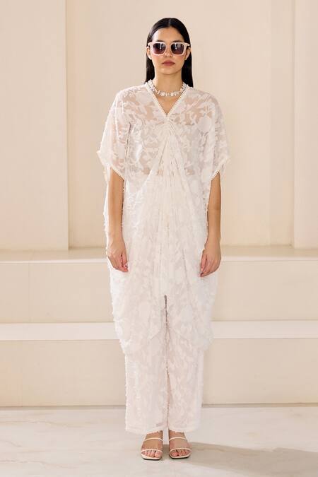 Lavanya Ahuja_White Crepe, Satin Pearls, Embroidery V-neck Sheer Jacquard Kaftan With Pant _Online_at_Aza_Fashions