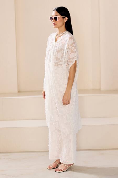 Buy_Lavanya Ahuja_White Crepe, Satin Pearls, Embroidery V-neck Sheer Jacquard Kaftan With Pant _Online_at_Aza_Fashions