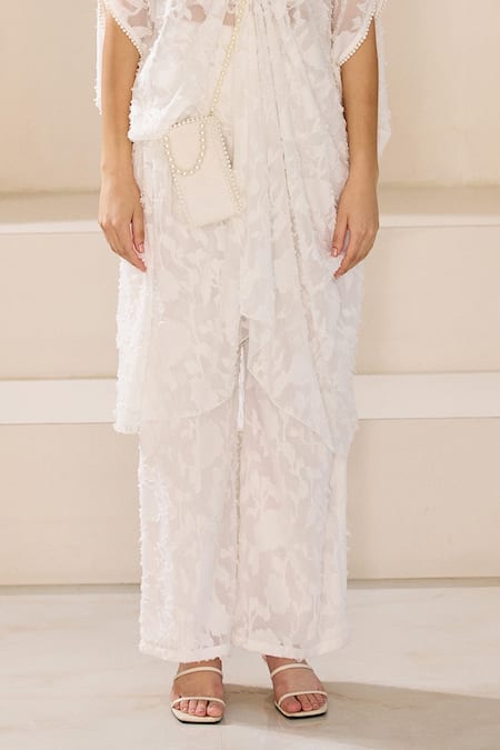 Shop_Lavanya Ahuja_White Crepe, Satin Pearls, Embroidery V-neck Sheer Jacquard Kaftan With Pant _Online_at_Aza_Fashions