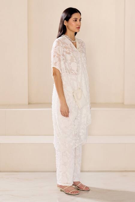 Lavanya Ahuja_White Crepe, Satin Pearls, Embroidery V-neck Sheer Jacquard Kaftan With Pant _at_Aza_Fashions