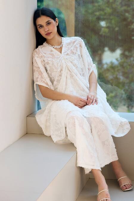 Buy_Lavanya Ahuja_White Crepe, Satin Pearls, Embroidery V-neck Sheer Jacquard Kaftan With Pant 