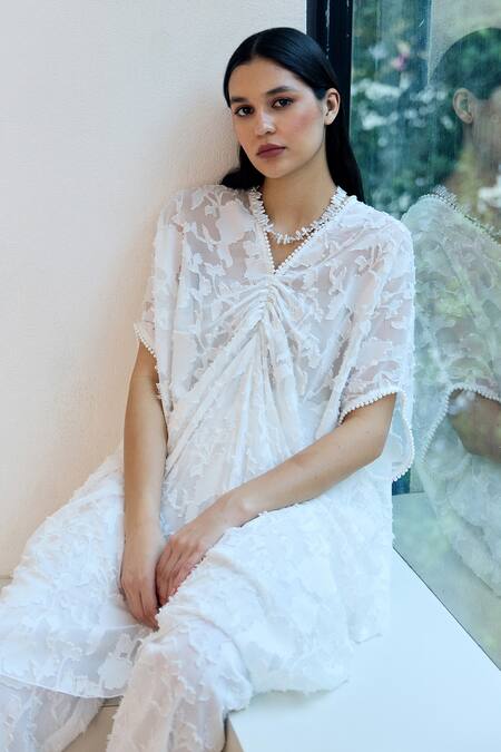 Shop_Lavanya Ahuja_White Crepe, Satin Pearls, Embroidery V-neck Sheer Jacquard Kaftan With Pant 