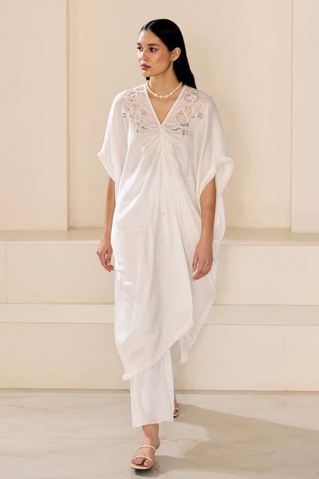 Buy_Lavanya Ahuja_White Silk Organza Embroidery V-neck Floral Cutwork Embrodiered Kaftan With Pant _Online_at_Aza_Fashions