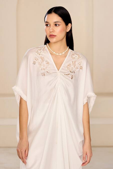 Shop_Lavanya Ahuja_White Silk Organza Embroidery V-neck Floral Cutwork Embrodiered Kaftan With Pant _Online_at_Aza_Fashions