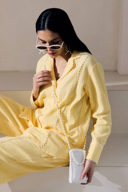 Buy Lavanya Ahuja Yellow Organza, Georgette Lace Buttercup Sacllop Embroidered Shirt With Pant Buy_Lavanya Ahuja_Yellow Organza, Georgette Lace Buttercup Sacllop Embroidered Shirt With Pant