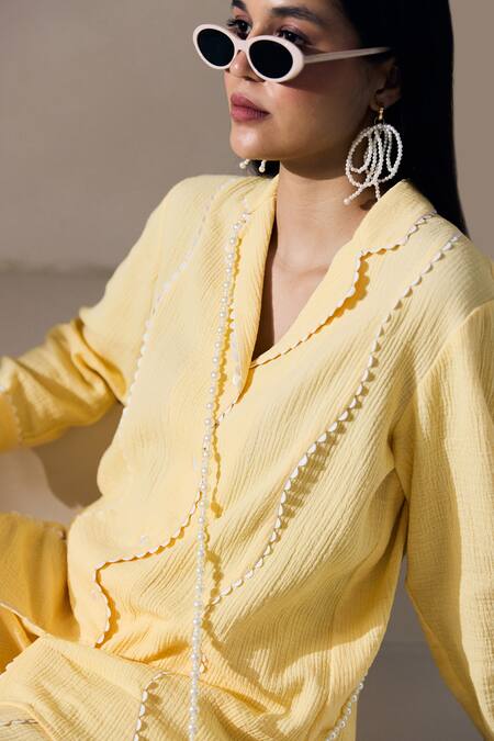 Shop Lavanya Ahuja Yellow Organza, Georgette Lace Buttercup Sacllop Embroidered Shirt With Pant Shop_Lavanya Ahuja_Yellow Organza, Georgette Lace Buttercup Sacllop Embroidered Shirt With Pant