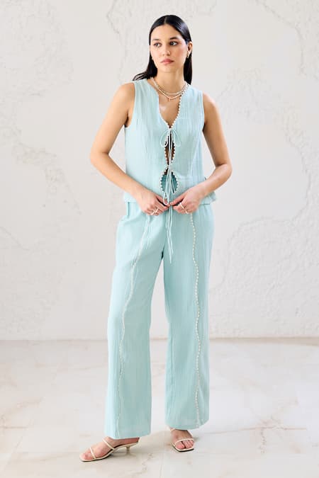 Lavanya Ahuja Blue Crepe Embroidery Scallop Lace Wavy Sea Spray Tie Up Top With Pant 