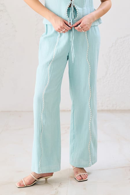Buy Lavanya Ahuja Blue Organza, Crepe Lace Sea Spray Scallop Embroidered Tie Up Top With Pant Online at Aza Fashions Buy_Lavanya Ahuja_Blue Organza, Crepe Lace Sea Spray Scallop Embroidered Tie Up Top With Pant _Online_at_Aza_Fashions