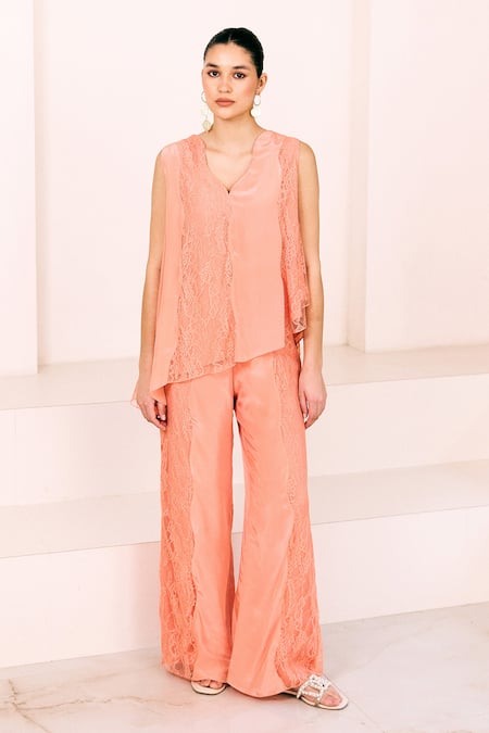 Lavanya Ahuja Peach Lace Fabric Wavy Asymmetrical Panelled Tunic With Pant 