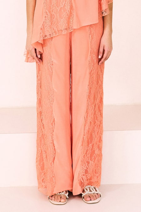Lavanya Ahuja_Peach Crepe, Asymmetric Panelled Tunic With Pant _Online_at_Aza_Fashions