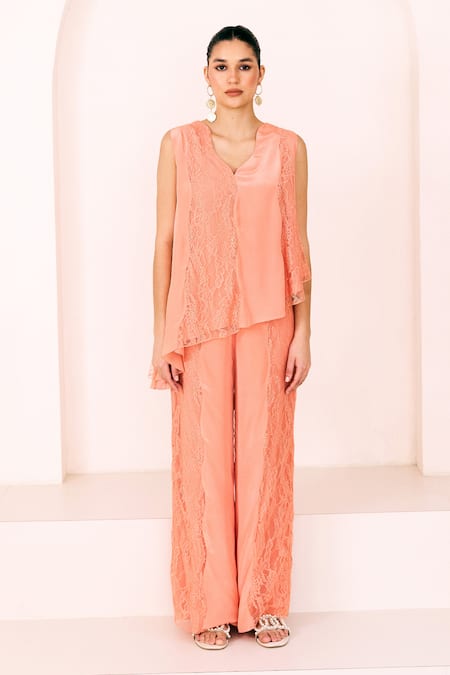Buy_Lavanya Ahuja_Peach Crepe, Asymmetric Panelled Tunic With Pant _Online_at_Aza_Fashions