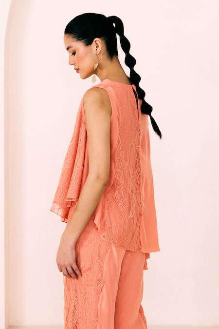 Shop_Lavanya Ahuja_Peach Crepe, Asymmetric Panelled Tunic With Pant _Online_at_Aza_Fashions