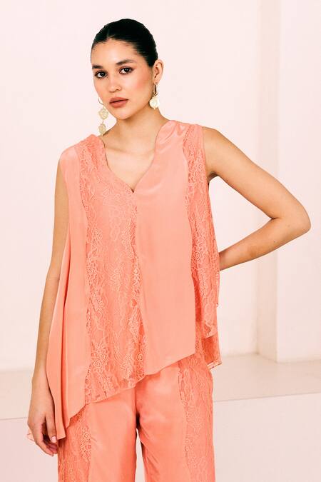 Lavanya Ahuja_Peach Crepe, Asymmetric Panelled Tunic With Pant _at_Aza_Fashions