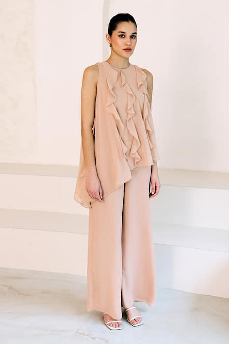 Lavanya Ahuja Sand Asymmetrical Frills Embroidered Tunic With Pant 