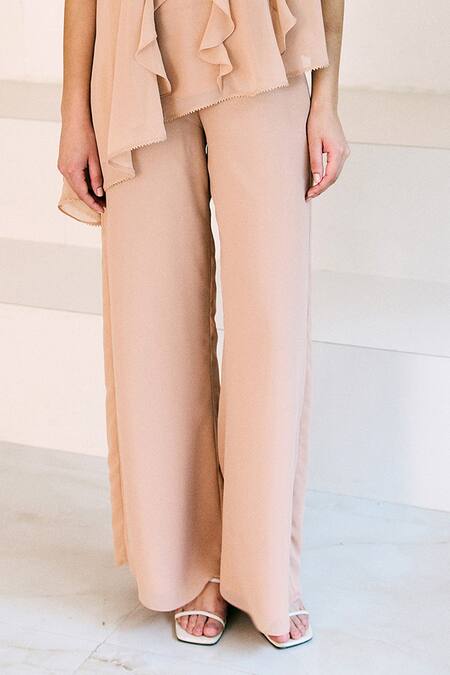 Lavanya Ahuja Beige Organza, Satin Lace Sand Asymmetrical Frills Embroidered Tunic With Pant Online at Aza Fashions Lavanya Ahuja_Beige Organza, Satin Lace Sand Asymmetrical Frills Embroidered Tunic With Pant _Online_at_Aza_Fashions