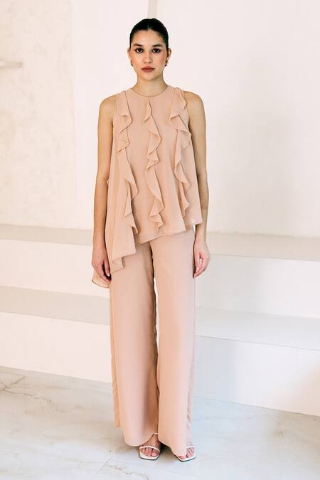 Buy Lavanya Ahuja Beige Organza, Satin Lace Sand Asymmetrical Frills Embroidered Tunic With Pant Online at Aza Fashions Buy_Lavanya Ahuja_Beige Organza, Satin Lace Sand Asymmetrical Frills Embroidered Tunic With Pant _Online_at_Aza_Fashions