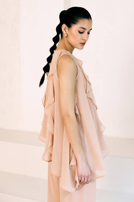 Shop Lavanya Ahuja Beige Organza, Satin Lace Sand Asymmetrical Frills Embroidered Tunic With Pant Online at Aza Fashions Shop_Lavanya Ahuja_Beige Organza, Satin Lace Sand Asymmetrical Frills Embroidered Tunic With Pant _Online_at_Aza_Fashions