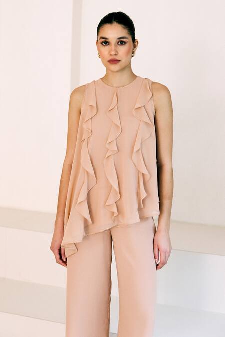 Lavanya Ahuja Beige Organza, Satin Lace Sand Asymmetrical Frills Embroidered Tunic With Pant at Aza Fashions Lavanya Ahuja_Beige Organza, Satin Lace Sand Asymmetrical Frills Embroidered Tunic With Pant _at_Aza_Fashions