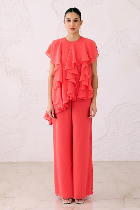 Lavanya Ahuja Red Georgette Round Coral Asymmetrical Frills Embroidered Tunic With Pant 