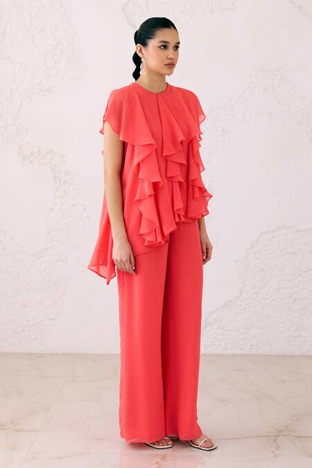 Buy_Lavanya Ahuja_Red Georgette Fringe Round Coral Asymmetrical Frills Embroidered Tunic With Pant _Online_at_Aza_Fashions