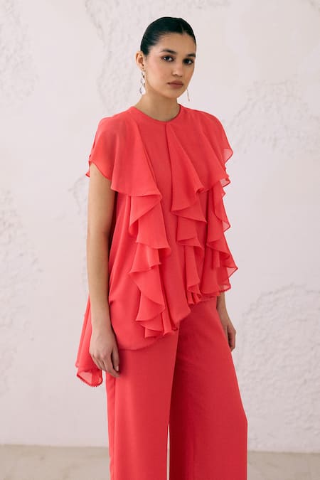 Shop_Lavanya Ahuja_Red Georgette Fringe Round Coral Asymmetrical Frills Embroidered Tunic With Pant _Online_at_Aza_Fashions