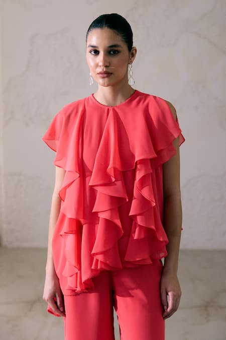 Lavanya Ahuja_Red Georgette Fringe Round Coral Asymmetrical Frills Embroidered Tunic With Pant _at_Aza_Fashions