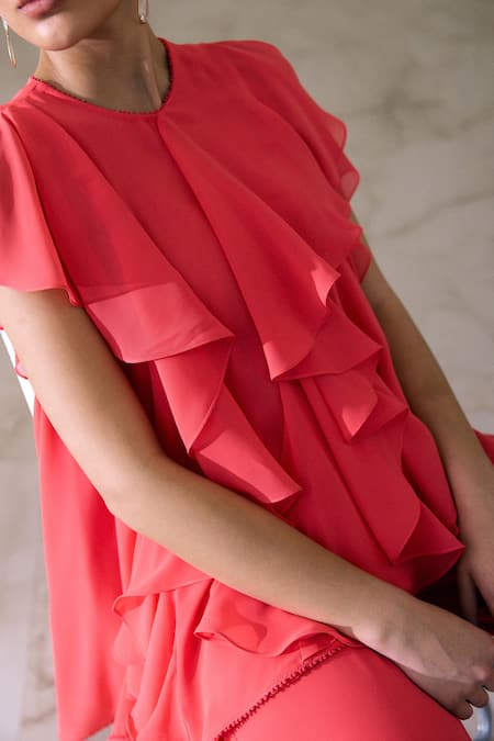 Buy_Lavanya Ahuja_Red Georgette Fringe Round Coral Asymmetrical Frills Embroidered Tunic With Pant 