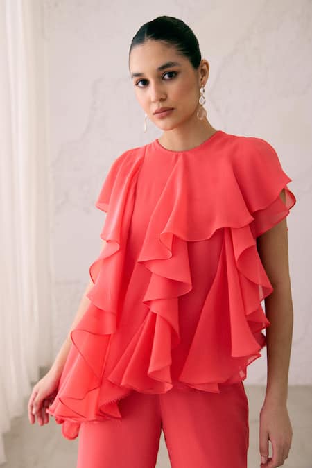 Shop_Lavanya Ahuja_Red Georgette Fringe Round Coral Asymmetrical Frills Embroidered Tunic With Pant 