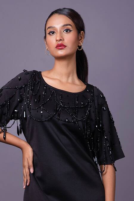 That Thing You Love_Black Satin Embroidery Beads Round Short Dress _Online_at_Aza_Fashions