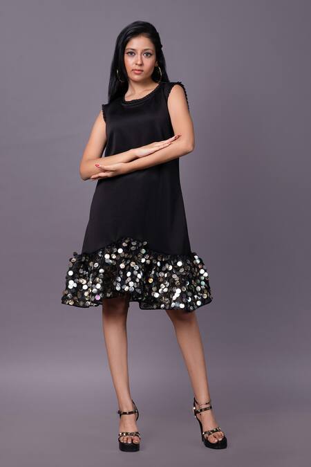 That Thing You Love_Black Scuba Embroidery Sequins Round Frill Dress_Online_at_Aza_Fashions