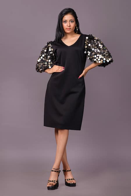 That Thing You Love Black Scuba Embroidery Sequins V-neck Puff Sleeve Dress 