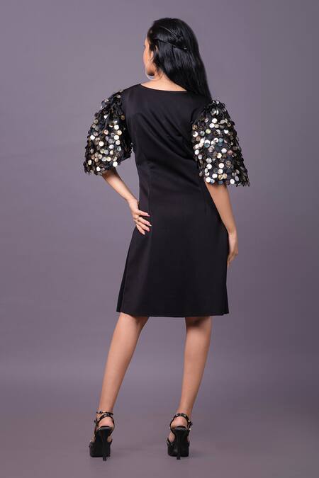 Shop That Thing You Love Black Scuba Embroidery Sequins V-neck Puff Sleeve Dress at Aza Fashions Shop_That Thing You Love_Black Scuba Embroidery Sequins V-neck Puff Sleeve Dress_at_Aza_Fashions