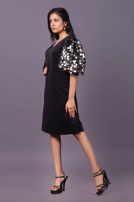 Buy That Thing You Love Black Scuba Embroidery Sequins V-neck Puff Sleeve Dress Online at Aza Fashions Buy_That Thing You Love_Black Scuba Embroidery Sequins V-neck Puff Sleeve Dress_Online_at_Aza_Fashions